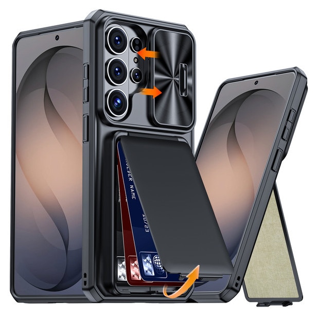 Husa pentru Samsung Galaxy S26 Ultra, protectie completa, antiscoc, suport, rigid, gauri precise, capac glisant camera, portofel cu slot carduri, protectie RFID, negru