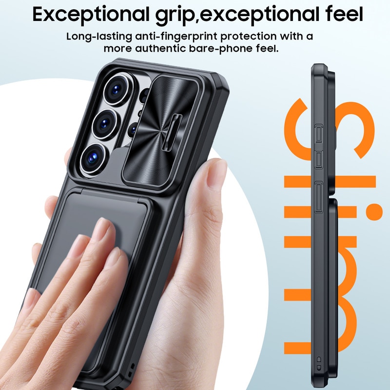Husa pentru Samsung Galaxy S26 Ultra, protectie completa, antiscoc, suport, rigid, gauri precise, capac glisant camera, portofel cu slot carduri, protectie RFID, negru