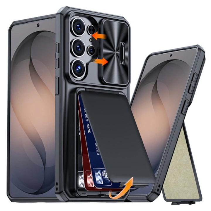 Husa pentru Samsung Galaxy S26 Ultra, protectie completa, antiscoc, suport, rigid, gauri precise, capac glisant camera, portofel cu slot carduri, protectie RFID, negru
