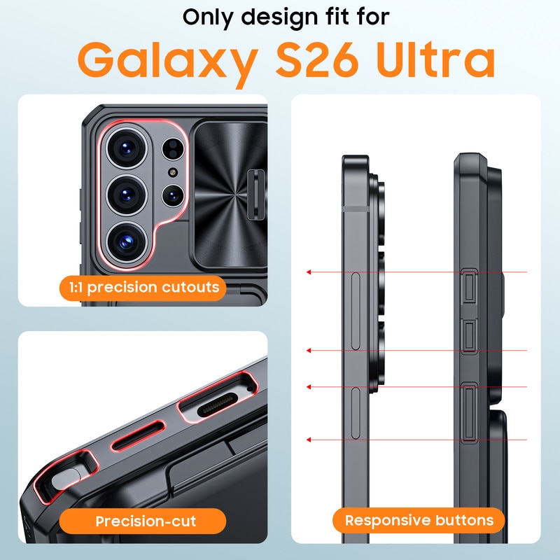Husa pentru Samsung Galaxy S26 Ultra, protectie completa, antiscoc, suport, rigid, gauri precise, capac glisant camera, portofel cu slot carduri, protectie RFID, negru