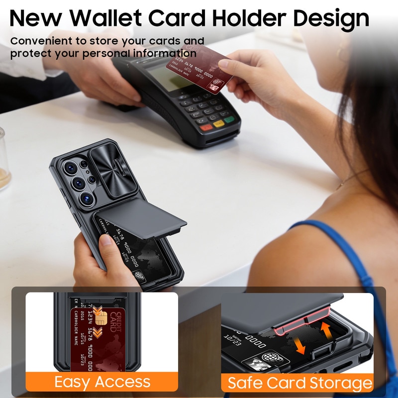 Husa pentru Samsung Galaxy S26 Ultra, protectie completa, antiscoc, suport, rigid, gauri precise, capac glisant camera, portofel cu slot carduri, protectie RFID, negru