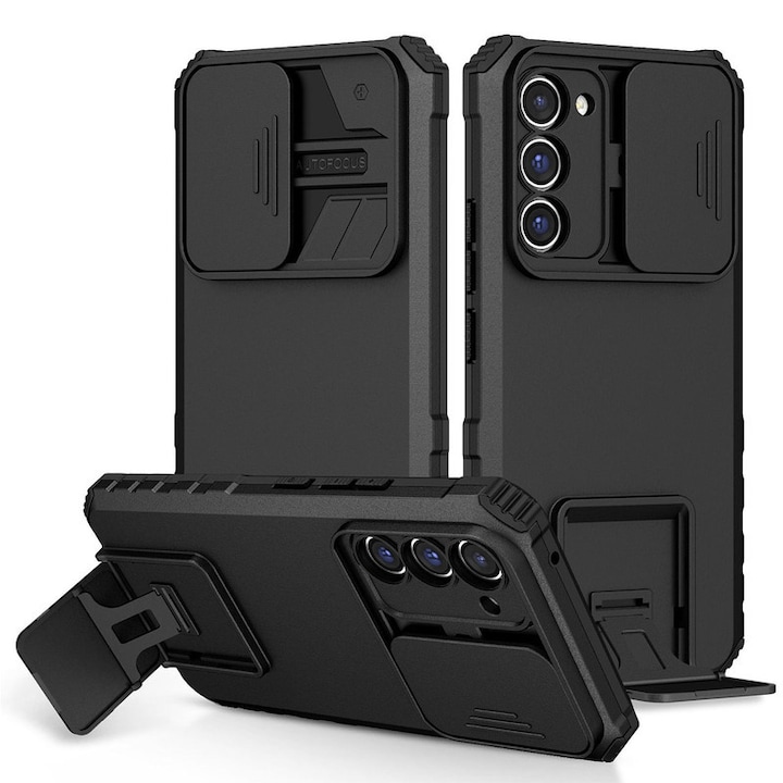 Husa telefon, pentru Samsung Galaxy S23 5G, Fereastra glisanta, suport inovator, Negru mat