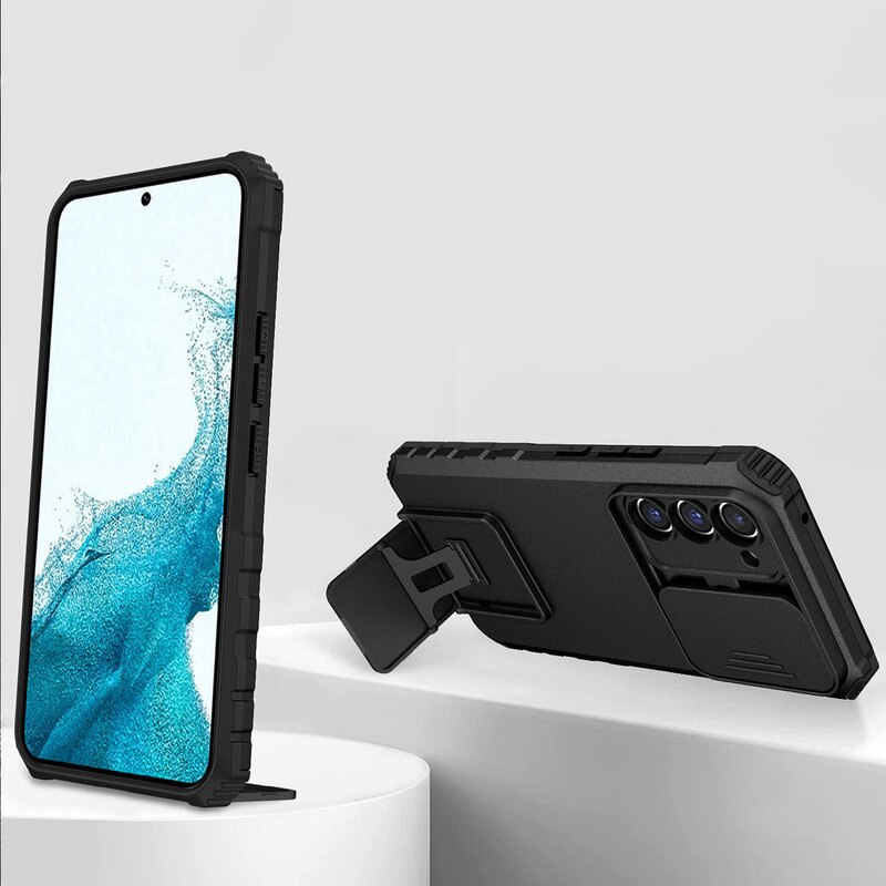 Husa telefon, pentru Samsung Galaxy S23 5G, Fereastra glisanta, suport inovator, Negru mat