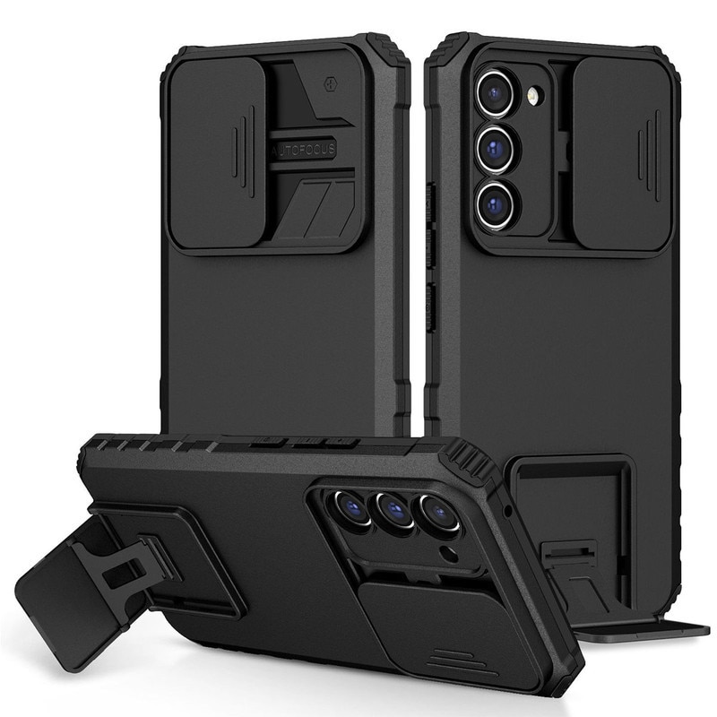 Husa telefon, pentru Samsung Galaxy S23 5G, Fereastra glisanta, suport inovator, Negru mat