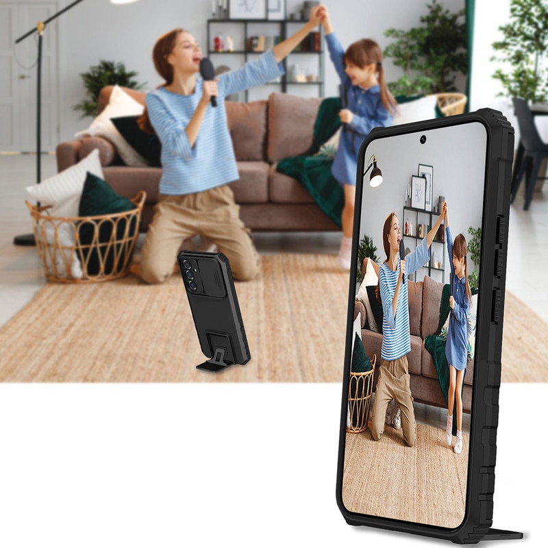 Husa telefon, pentru Samsung Galaxy S23 5G, Fereastra glisanta, suport inovator, Negru mat