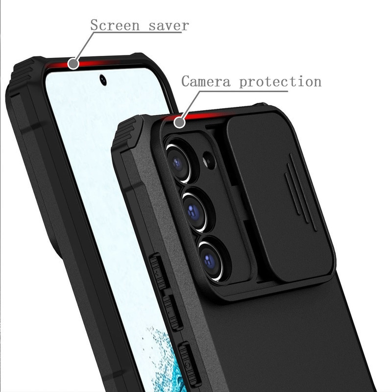 Husa telefon, pentru Samsung Galaxy S23 5G, Fereastra glisanta, suport inovator, Negru mat