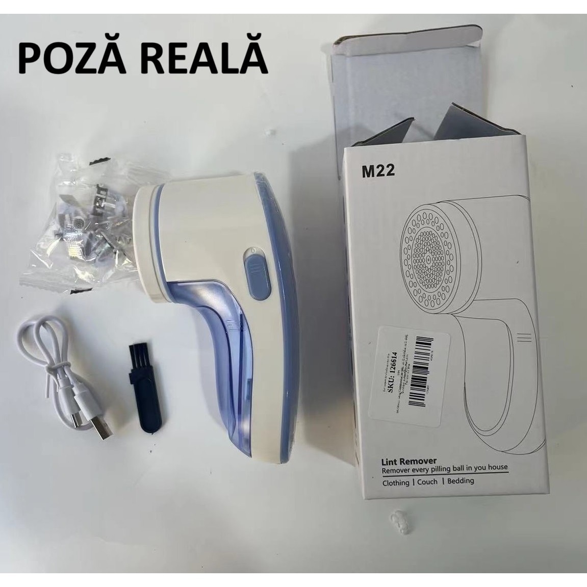 Aparat pentru curățat scame Danex, lame din oțel inoxidabil, încărcare USB Type-C, albastru, 15x7cm