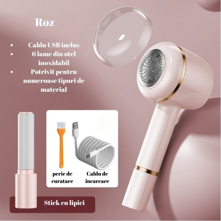 Aparat Pentru Curatat Scame, Par Si Praf, Pentru Diferite Tipuri De Material, Cu Lame Din Otel Inoxidabil, Incarcare Prin USB Type-C, Cu Perie De Curatare, Cablu USB Si Stick Cu Lipici Incluse, Roz, 220 x 86 mm
