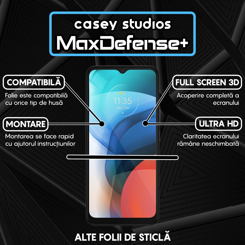 Folie Sticla CASEY STUDIOS™ compatibila cu Motorola Moto E7 Power / Moto E7i Power, Full Cover 3D, Full Glue, Duritate Militara, Ultra HD, Anti Zgarieturi, Anti Socuri, Margini Negre