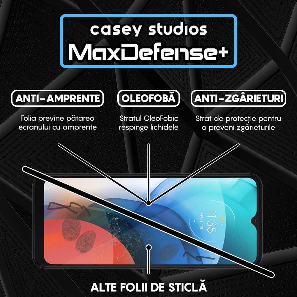 Folie Sticla CASEY STUDIOS™ compatibila cu Motorola Moto E7 Power / Moto E7i Power, Full Cover 3D, Full Glue, Duritate Militara, Ultra HD, Anti Zgarieturi, Anti Socuri, Margini Negre