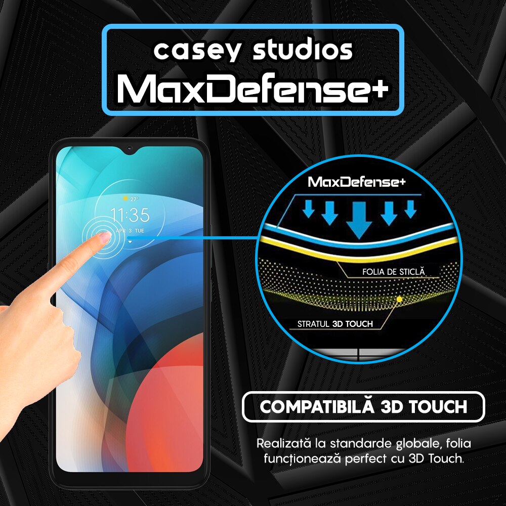 Folie Sticla CASEY STUDIOS™ compatibila cu Motorola Moto E7 Power / Moto E7i Power, Full Cover 3D, Full Glue, Duritate Militara, Ultra HD, Anti Zgarieturi, Anti Socuri, Margini Negre