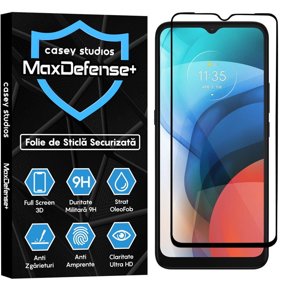 Folie Sticla CASEY STUDIOS™ compatibila cu Motorola Moto E7 Power / Moto E7i Power, Full Cover 3D, Full Glue, Duritate Militara, Ultra HD, Anti Zgarieturi, Anti Socuri, Margini Negre