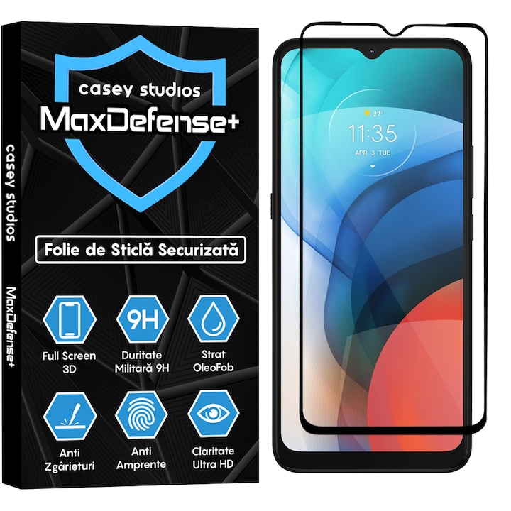 Folie Sticla CASEY STUDIOS™ compatibila cu Motorola Moto E7 Power / Moto E7i Power, Full Cover 3D, Full Glue, Duritate Militara, Ultra HD, Anti Zgarieturi, Anti Socuri, Margini Negre