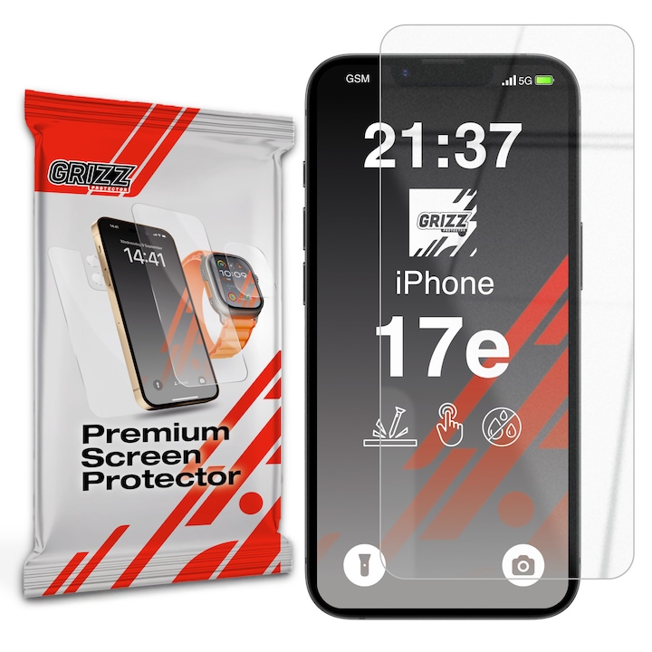 Folie sticla securizata GrizzGlass HybridGlass compatibila cu iPhone 17e / 16e, Clear