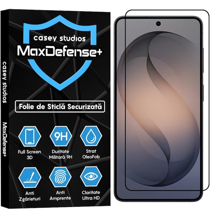Folie Sticla CASEY STUDIOS™ pentru Samsung Galaxy S26, Full Cover 3D, Full Glue, Duritate Militara, Protectie Profesionala Ecran 3D, Anti Zgarieturi, Margini Negre