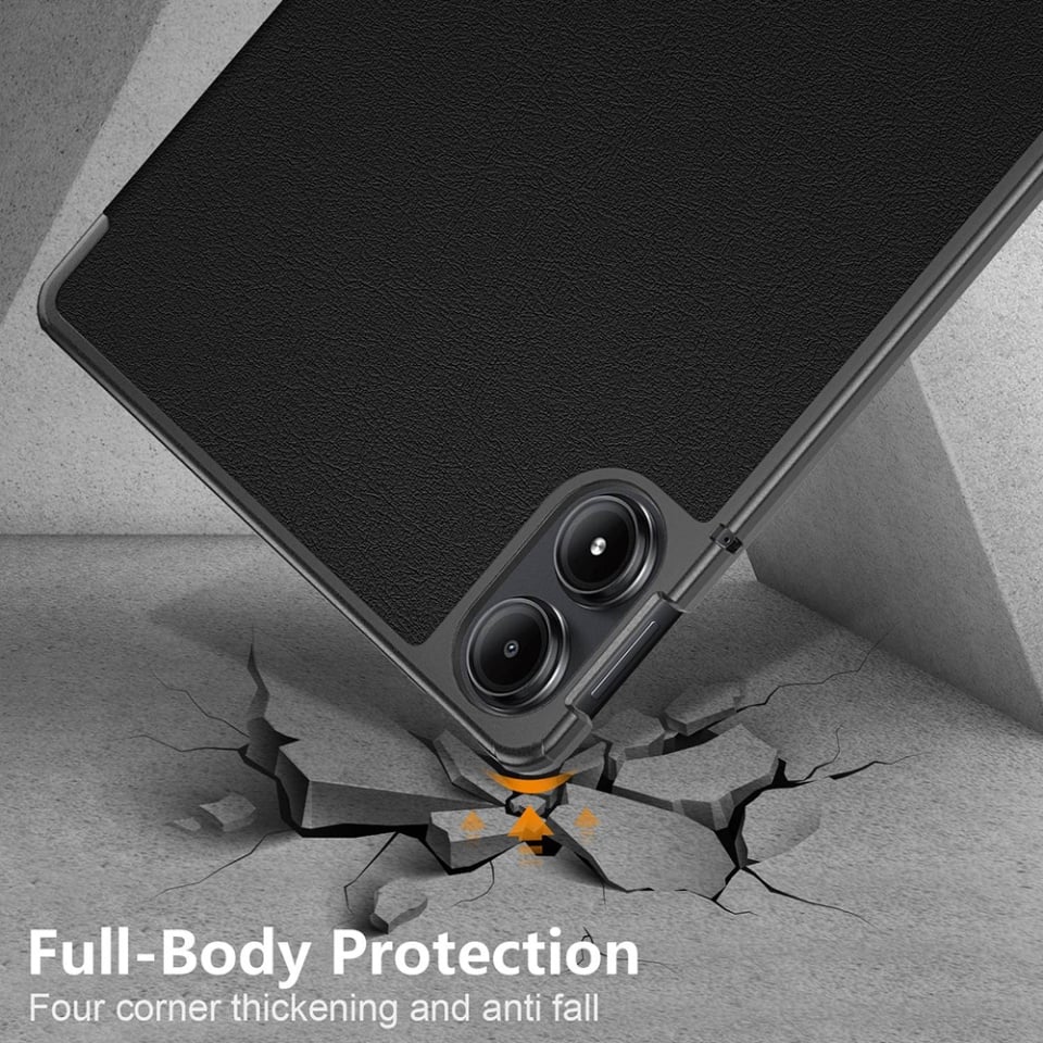 Husa tableta pentru Xiaomi Redmi Pad Pro / Redmi Pad Pro 5G / Poco Pad, SKYDDAR INNOVATION, cu suport Multi-Unghi si functie Sleep/Wake, FoldPro, Negru, set cu sticker
