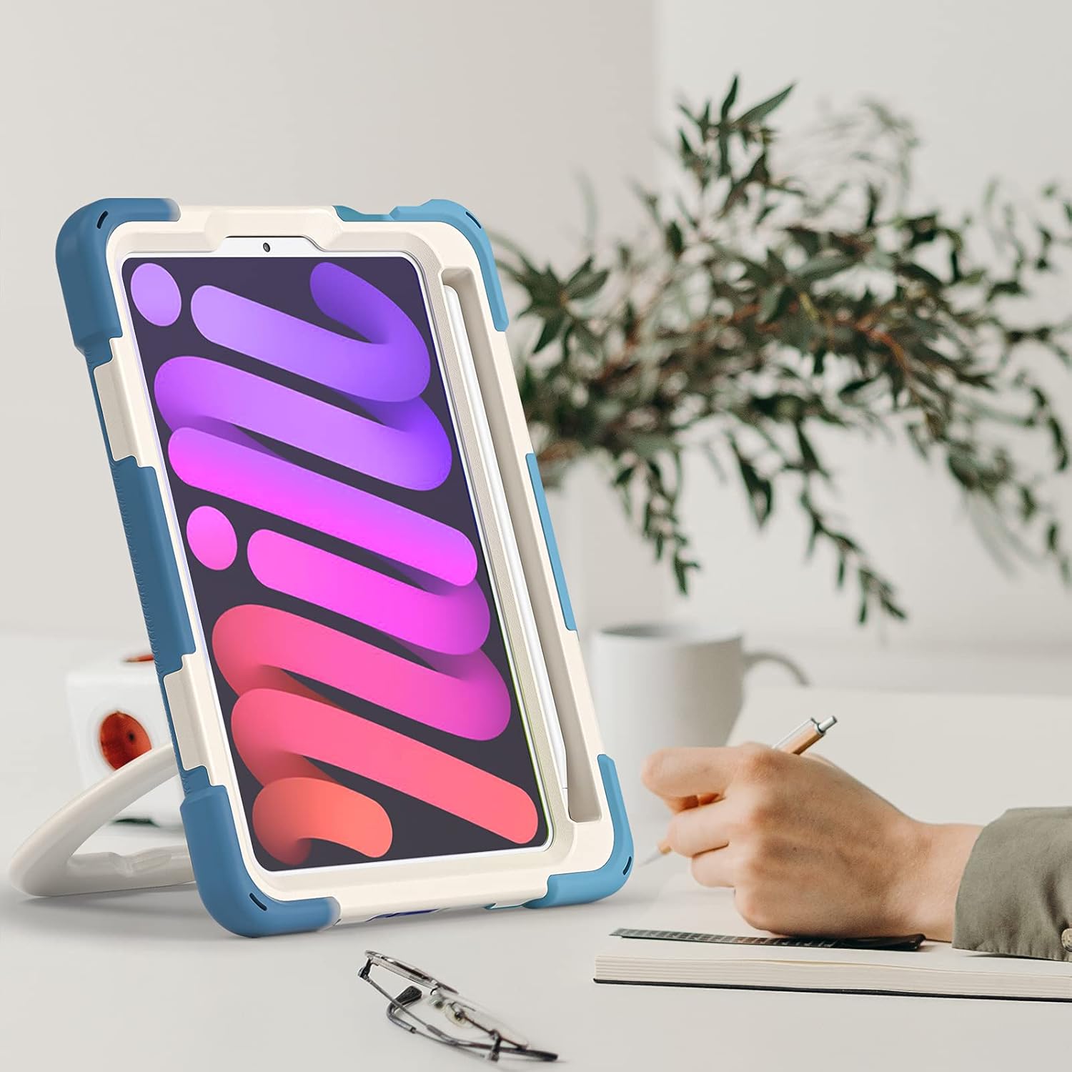 Husa pentru iPad Mini 6 8.3", cu suport rotativ si loc pentru stylus, albastra, 3 straturi