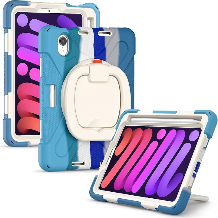 Husa pentru iPad Mini 6 8.3", cu suport rotativ si loc pentru stylus, albastra, 3 straturi