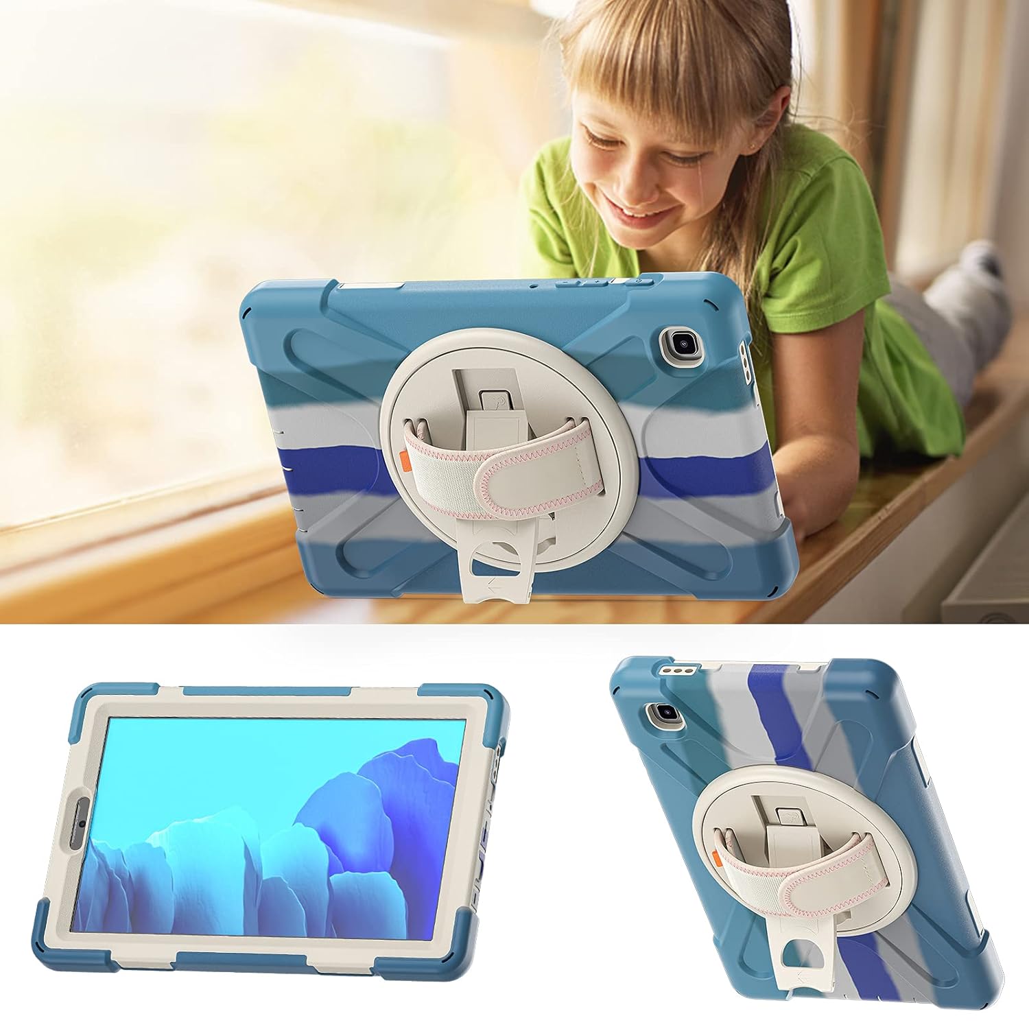 Husa tableta, Samsung Galaxy Tab A7 10.4", 3 straturi, suport rotativ 360°, albastru
