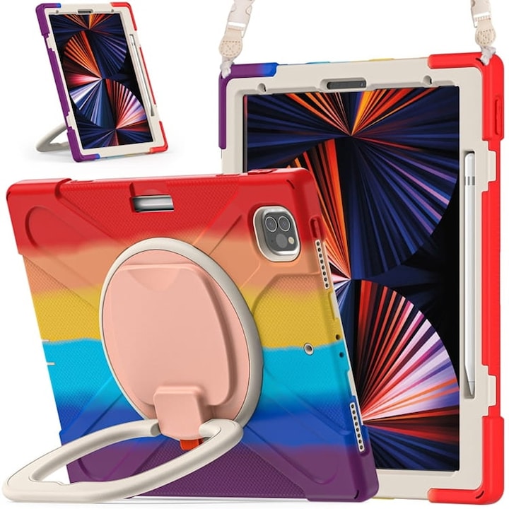 Husa tableta cu suport si curea, pentru iPad Pro 11/Air 5/4, multicolor, 3 straturi, protectie maxima