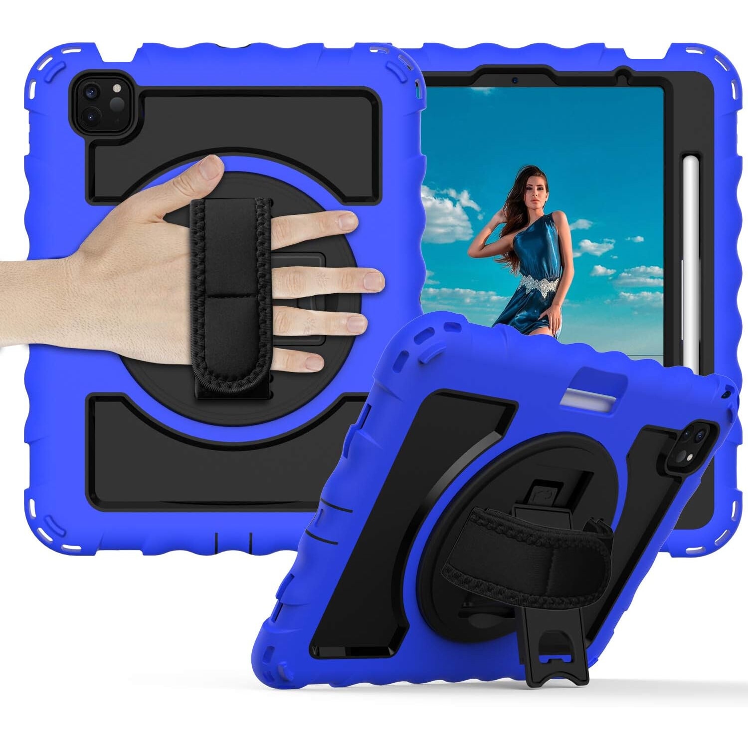Husa pentru tableta iPad Air4 10.9", 3 straturi, suport rotativ, albastra
