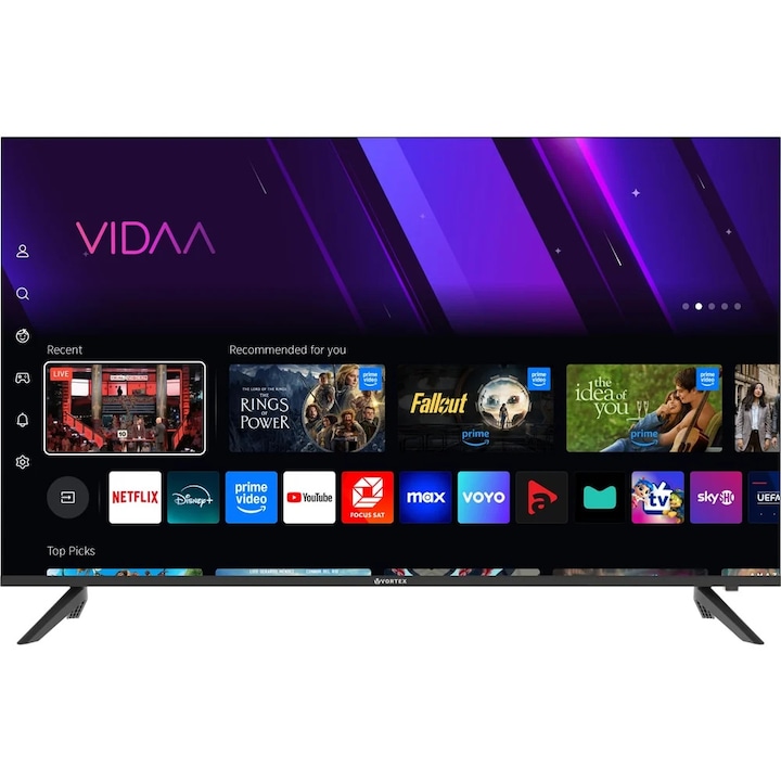 Televizor Smart LED VORTEX V50U401VS, 126 cm, 4K, Ultra HD, HDR, Wi-Fi, Netflix, YouTube, Screen Mirroring, Sistem operare VIDAA, DVB-T2/C/S2, HDMI, USB, Clasa E, Design Slim, Negru