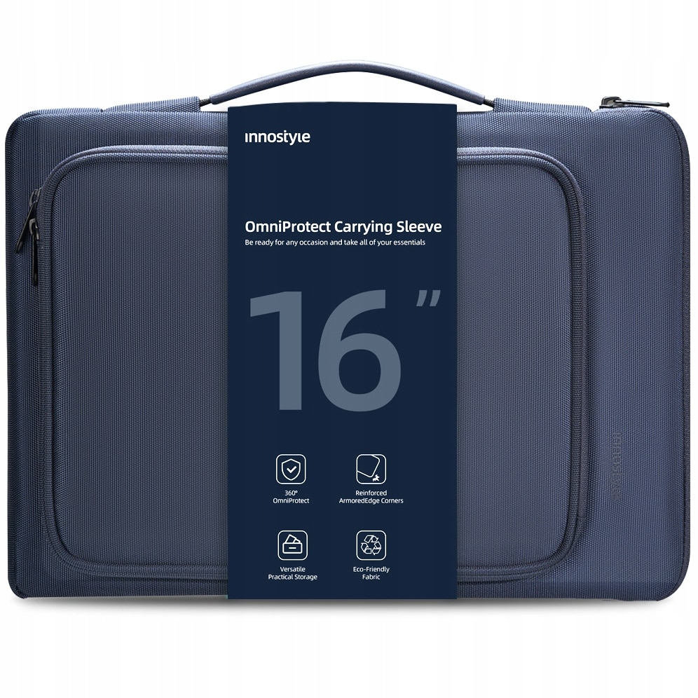 Geanta laptop Innostyle® impermeabila OmniProtect®, material ecologic din 38 sticle PET, dimensiuni externe 39x28x5cm, interne 37x26x3cm, pentru laptopuri de 16" si 15,6", fermoare YKK, usoara (480g), albastru