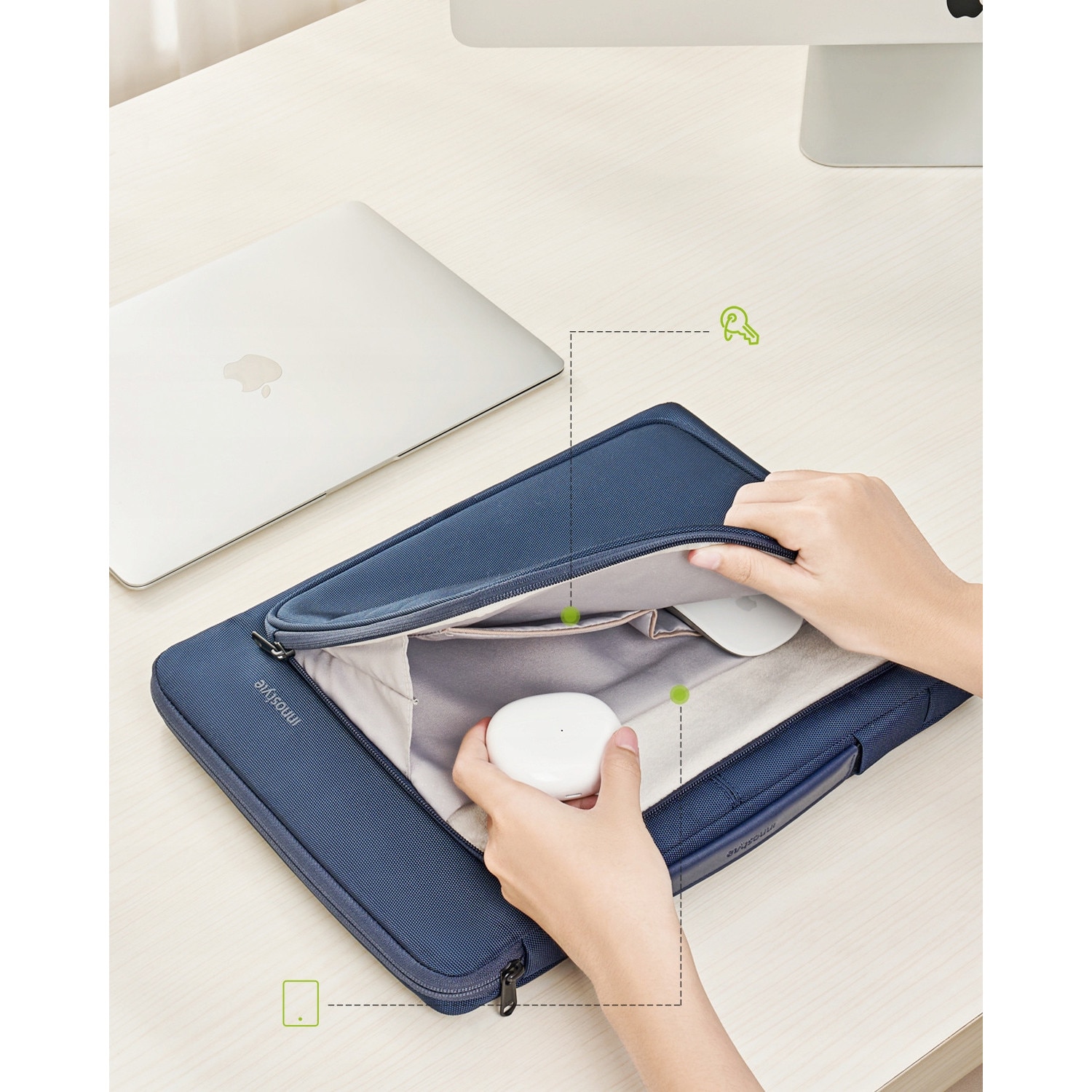 Geanta laptop Innostyle® impermeabila OmniProtect®, material ecologic din 38 sticle PET, dimensiuni externe 39x28x5cm, interne 37x26x3cm, pentru laptopuri de 16" si 15,6", fermoare YKK, usoara (480g), albastru
