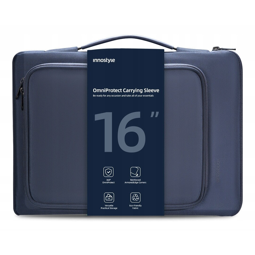Geanta laptop Innostyle® impermeabila OmniProtect®, material ecologic din 38 sticle PET, dimensiuni externe 39x28x5cm, interne 37x26x3cm, pentru laptopuri de 16" si 15,6", fermoare YKK, usoara (480g), albastru