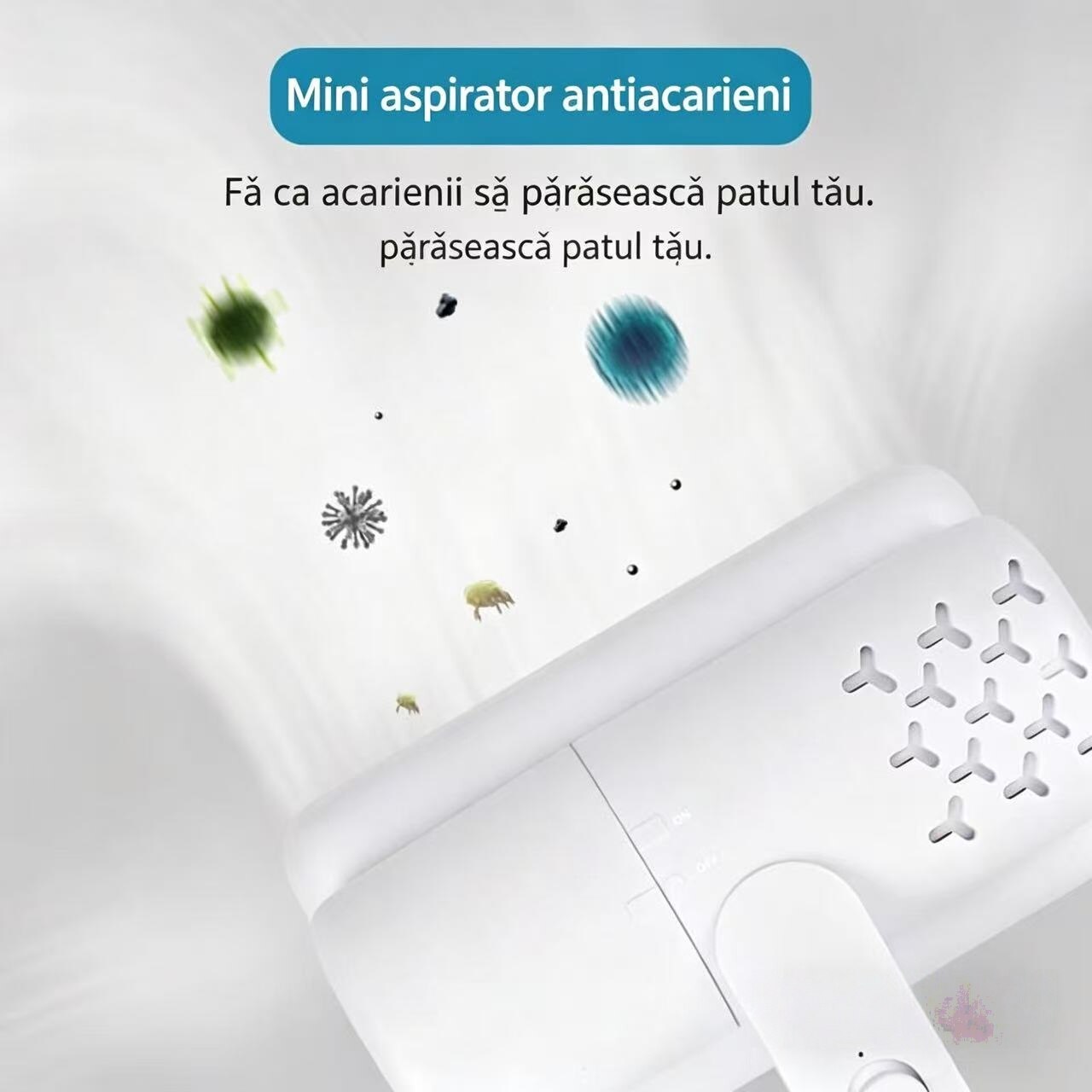 Aspirator fara fir anti-acarieni, cu filtru HEPA lavabil, perie rotativa, functie de curatare profunda prin vibratii, lampa cu raze ultraviolete UV-C pentru dezinfectare, potrivit pentru covoare
