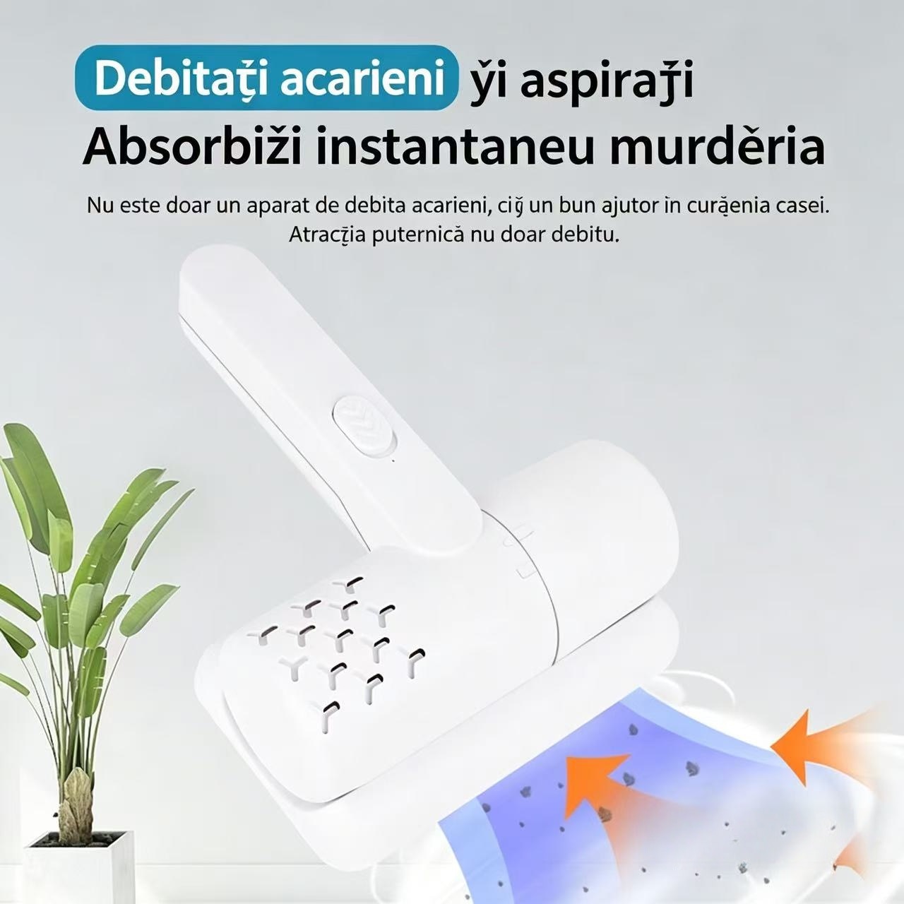 Aspirator fara fir anti-acarieni, cu filtru HEPA lavabil, perie rotativa, functie de curatare profunda prin vibratii, lampa cu raze ultraviolete UV-C pentru dezinfectare, potrivit pentru covoare
