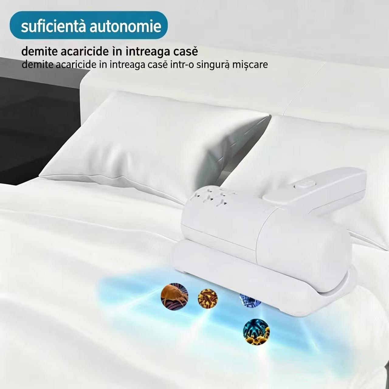 Aspirator fara fir anti-acarieni, cu filtru HEPA lavabil, perie rotativa, functie de curatare profunda prin vibratii, lampa cu raze ultraviolete UV-C pentru dezinfectare, potrivit pentru covoare