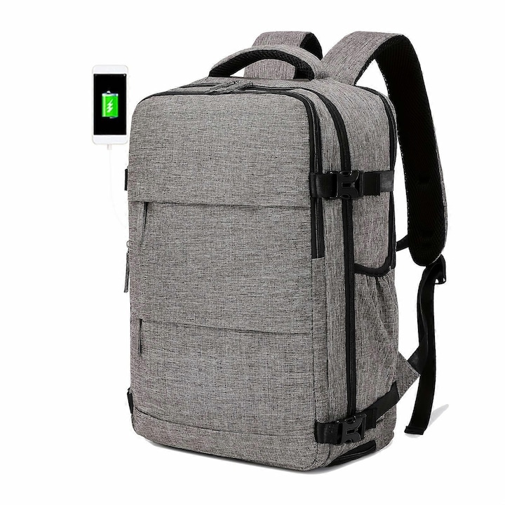 Rucsac laptop mare, rucsac de calatorie aprobat de compania aeriana, compartiment pentru incaltaminte, impermeabil, gri