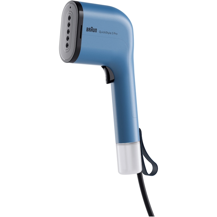 RESIGILAT: Aparat de calcat vertical cu abur BRAUN GS3024BL, 1100W, abur variabil 22 g/min, 2 rezervoare detasabile 70 + 120 ml, tehnologie FastSteam, tehnologie iCare, incalzire rapida 30 sec, husa calatorie, perie, accesoriu scame, albastru