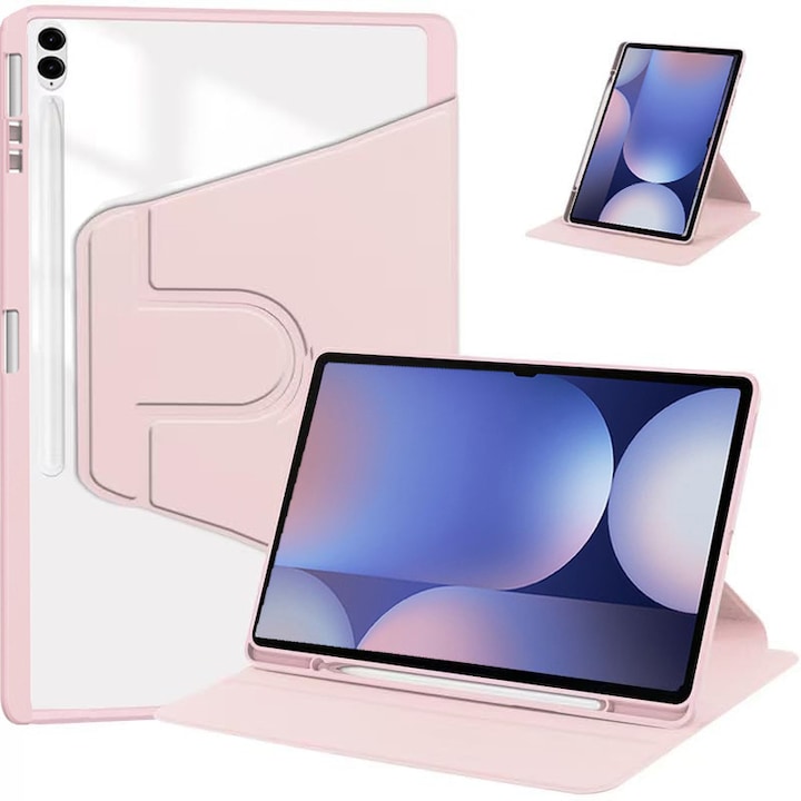 Husa tableta, pentru Samsung Galaxy Tab S10 Plus / S9 FE Plus / S9 Plus, Casa de protectie pentru tablete cu slot pentru stilou, acrilic 360 ° design rotativ, trezire automata / somn,, Roz transparent