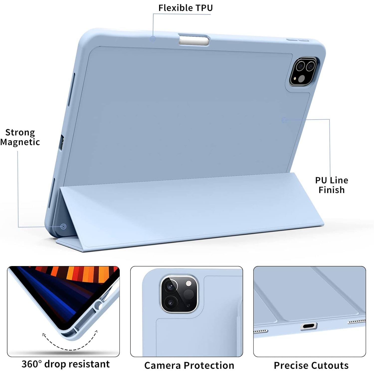 Husa de protectie pentru tableta, potrivita pentru Air 13-inch (2024)/Pro 12, 9-inch (2018/2020/2021/2022 3/4/5/6 generatii), cu tava pentru stilouri, trezire/dormire automata, Albastru deschis