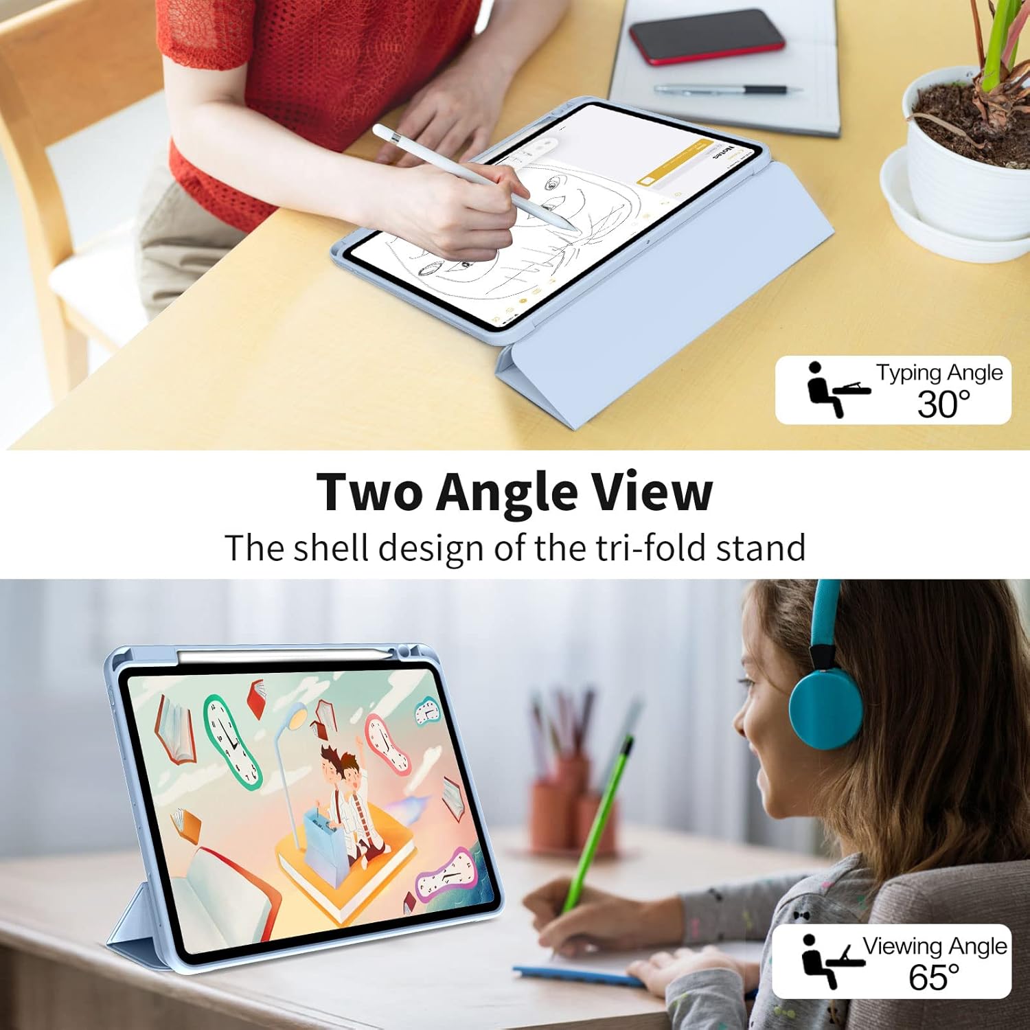 Husa de protectie pentru tableta, potrivita pentru Air 13-inch (2024)/Pro 12, 9-inch (2018/2020/2021/2022 3/4/5/6 generatii), cu tava pentru stilouri, trezire/dormire automata, Albastru deschis