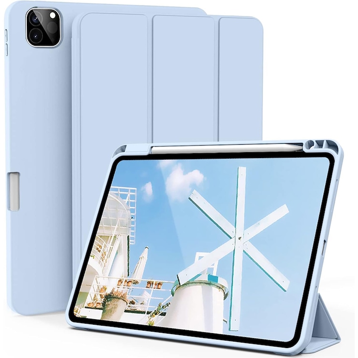 Husa de protectie pentru tableta, potrivita pentru Air 13-inch (2024)/Pro 12, 9-inch (2018/2020/2021/2022 3/4/5/6 generatii), cu tava pentru stilouri, trezire/dormire automata, Albastru deschis