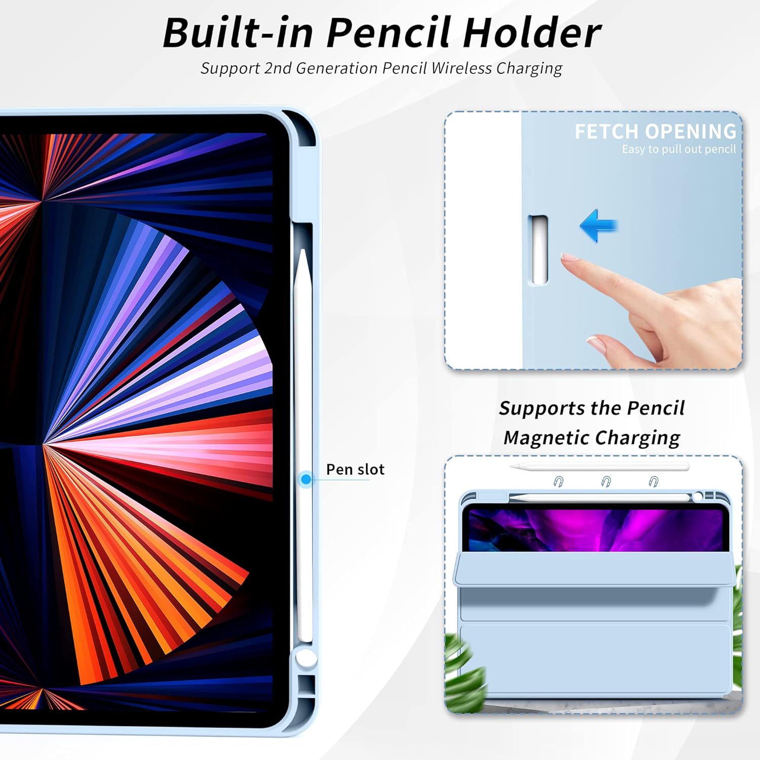 Husa de protectie pentru tableta, potrivita pentru Air 13-inch (2024)/Pro 12, 9-inch (2018/2020/2021/2022 3/4/5/6 generatii), cu tava pentru stilouri, trezire/dormire automata, Albastru deschis