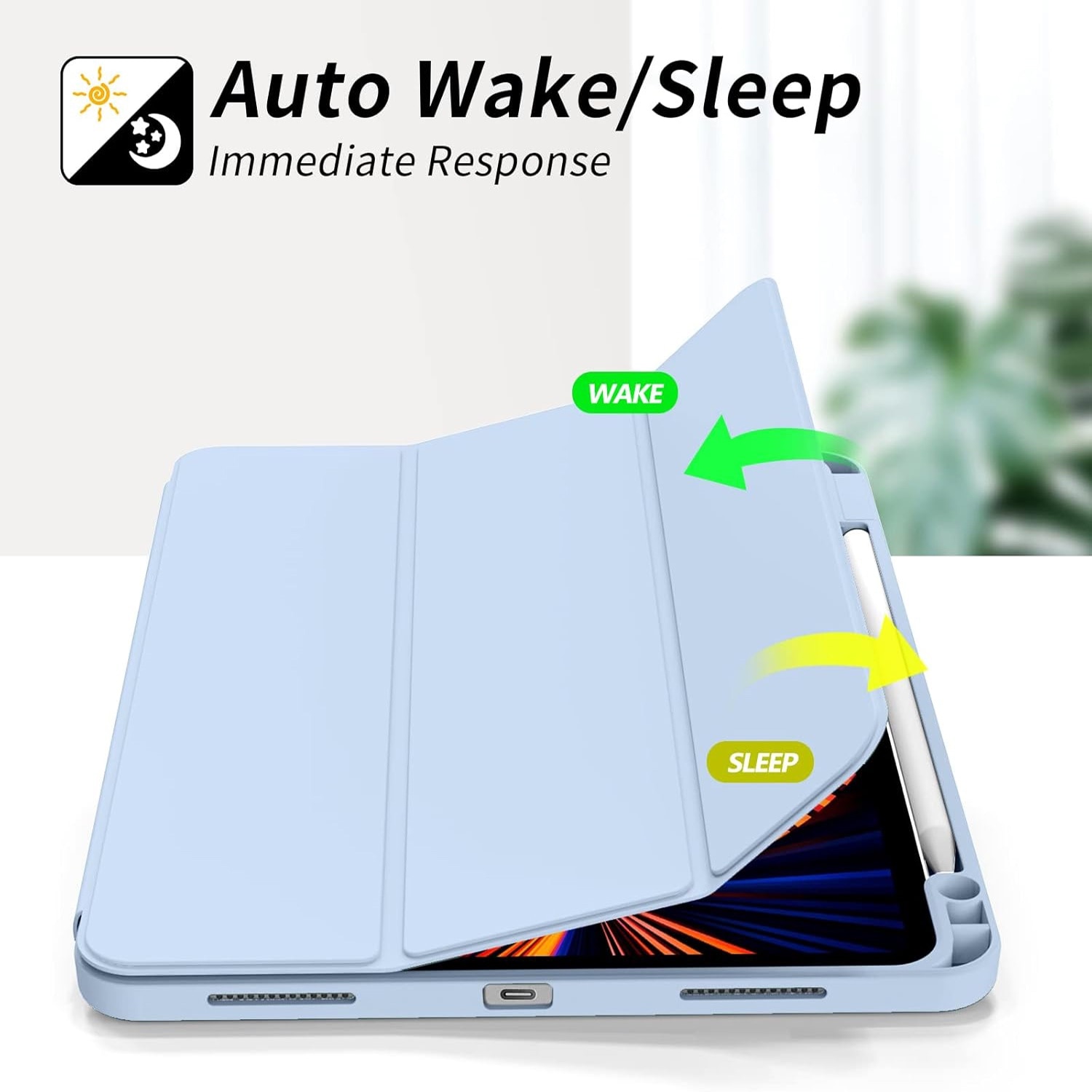 Husa de protectie pentru tableta, potrivita pentru Air 13-inch (2024)/Pro 12, 9-inch (2018/2020/2021/2022 3/4/5/6 generatii), cu tava pentru stilouri, trezire/dormire automata, Albastru deschis