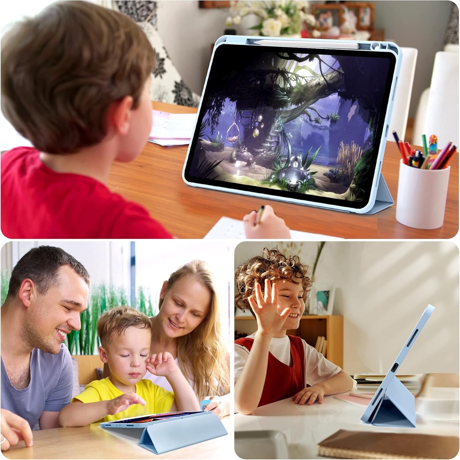 Husa de protectie pentru tableta, potrivita pentru Air 13-inch (2024)/Pro 12, 9-inch (2018/2020/2021/2022 3/4/5/6 generatii), cu tava pentru stilouri, trezire/dormire automata, Albastru deschis