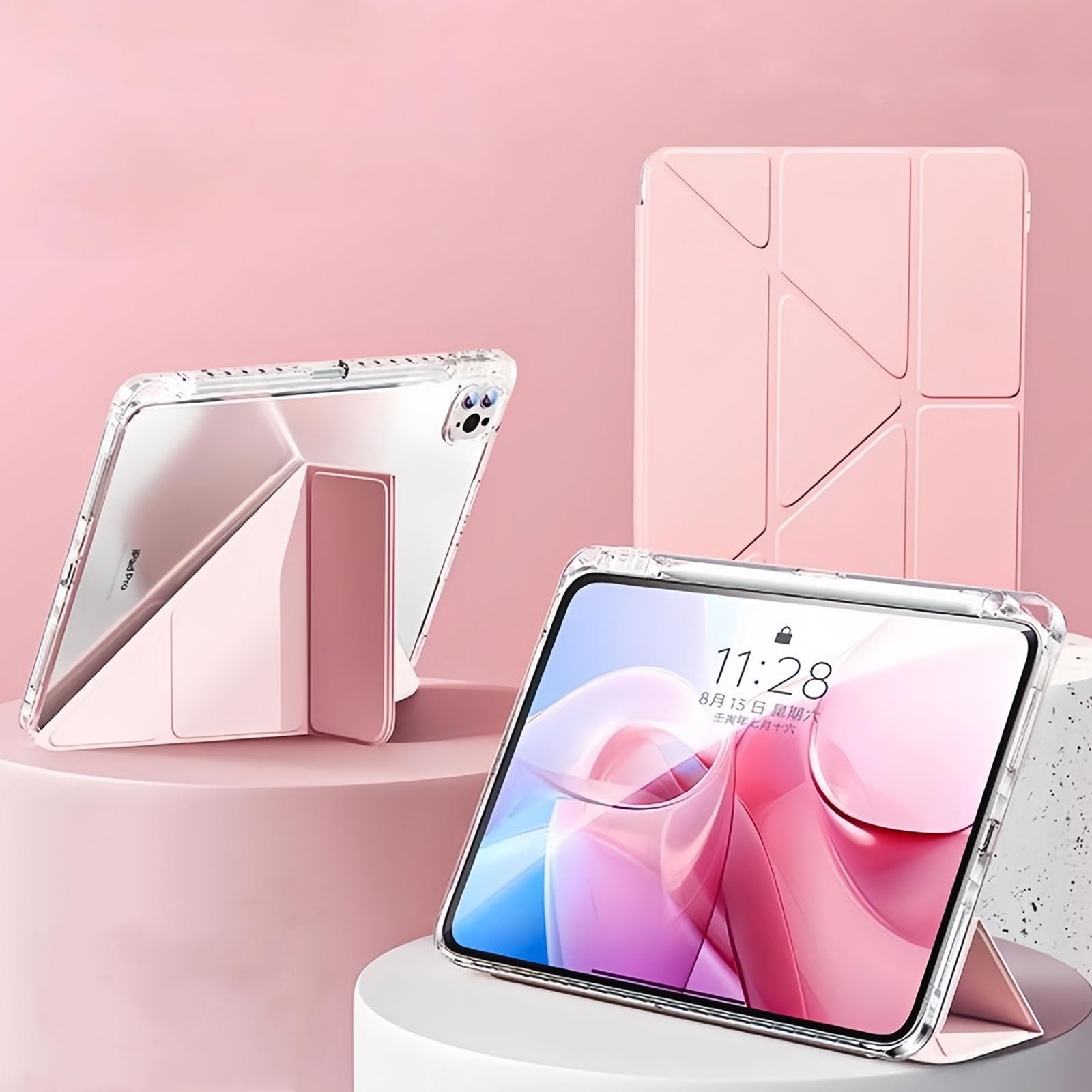 Husa tableta, pentru [Redmi Pad Pro 12.1-Inch / Pad 2 Pro 12.1-Inch] [Xiaomi POCO Pad 12.1-Inch], Triple Fold in forma de Y Design, Multi unghi, Capac de piele pentru tablete cu slot pentru stilou, Trezire automata / somn，, Roz cald