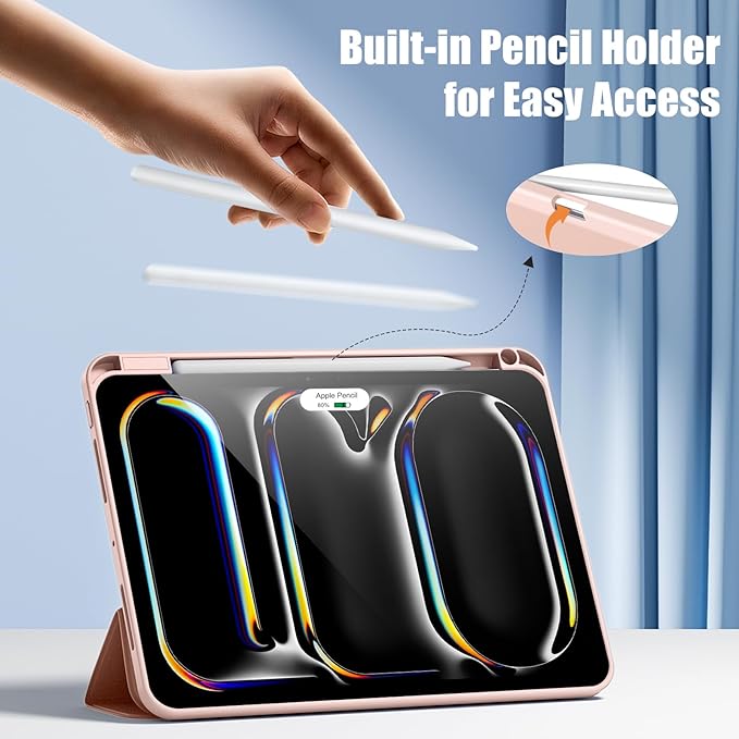 Husa pentru tableta, compatibila cu iPad Pro de 11 inchi (M4 a 5-a generatie 2024), cu suport pentru stilou, husa inteligenta, trezire/dormire automata, Roz