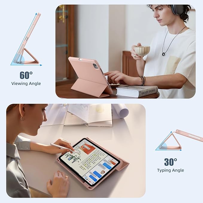 Husa pentru tableta, compatibila cu iPad Pro de 11 inchi (M4 a 5-a generatie 2024), cu suport pentru stilou, husa inteligenta, trezire/dormire automata, Roz