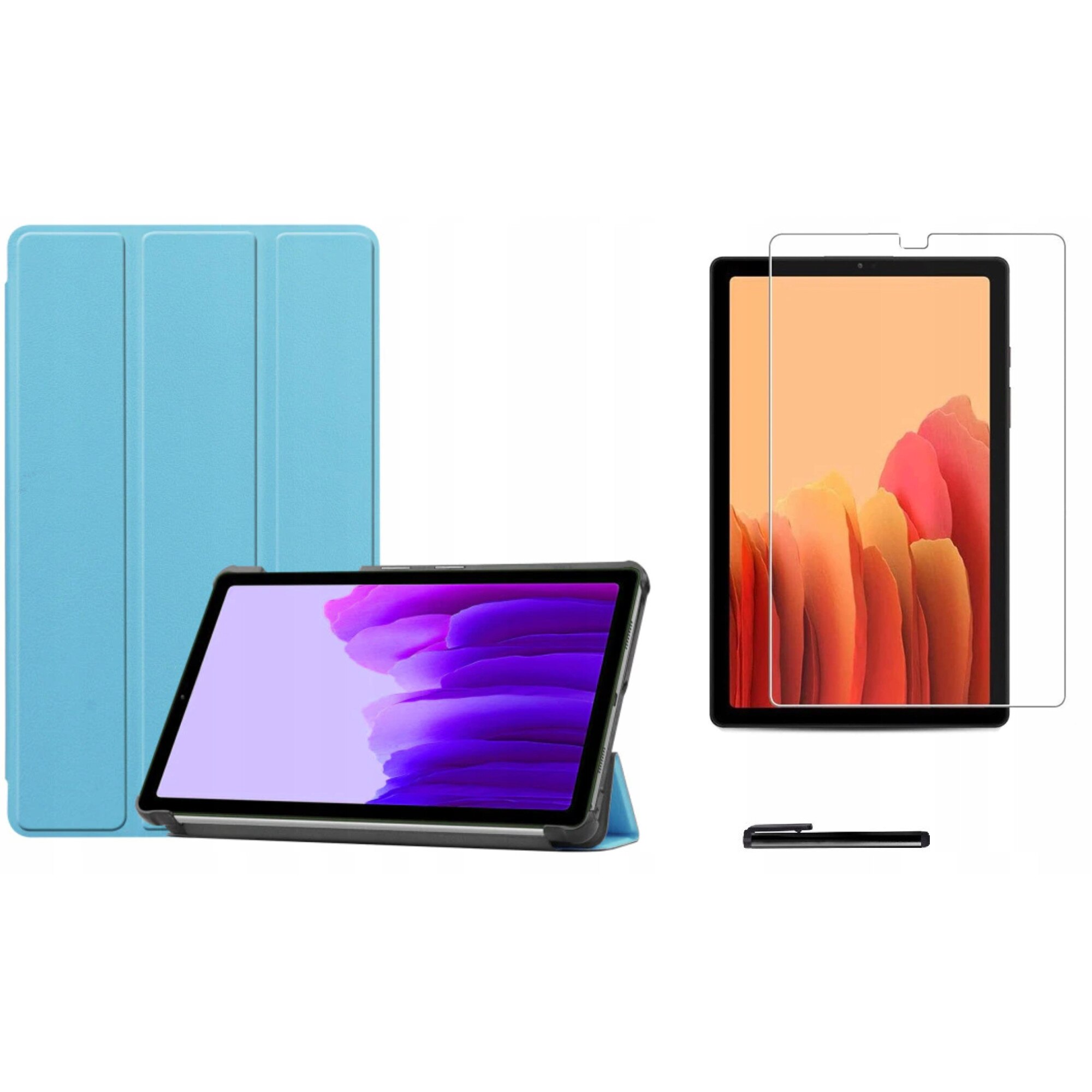 Set husa tableta/folie de protectie/stylus, Piele ecologica/Policarbonat, Compatibil cu Samsung Galaxy Tab A7 Lite, Albastru