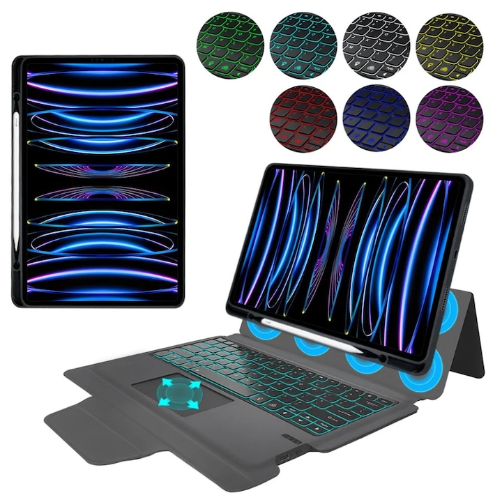 Husa pentru iPad Pro 12.9 (2018-2022) cu Tastatura Bluetooth si Protectie 360°, KeyTab Pro, Negru, set cu sticker