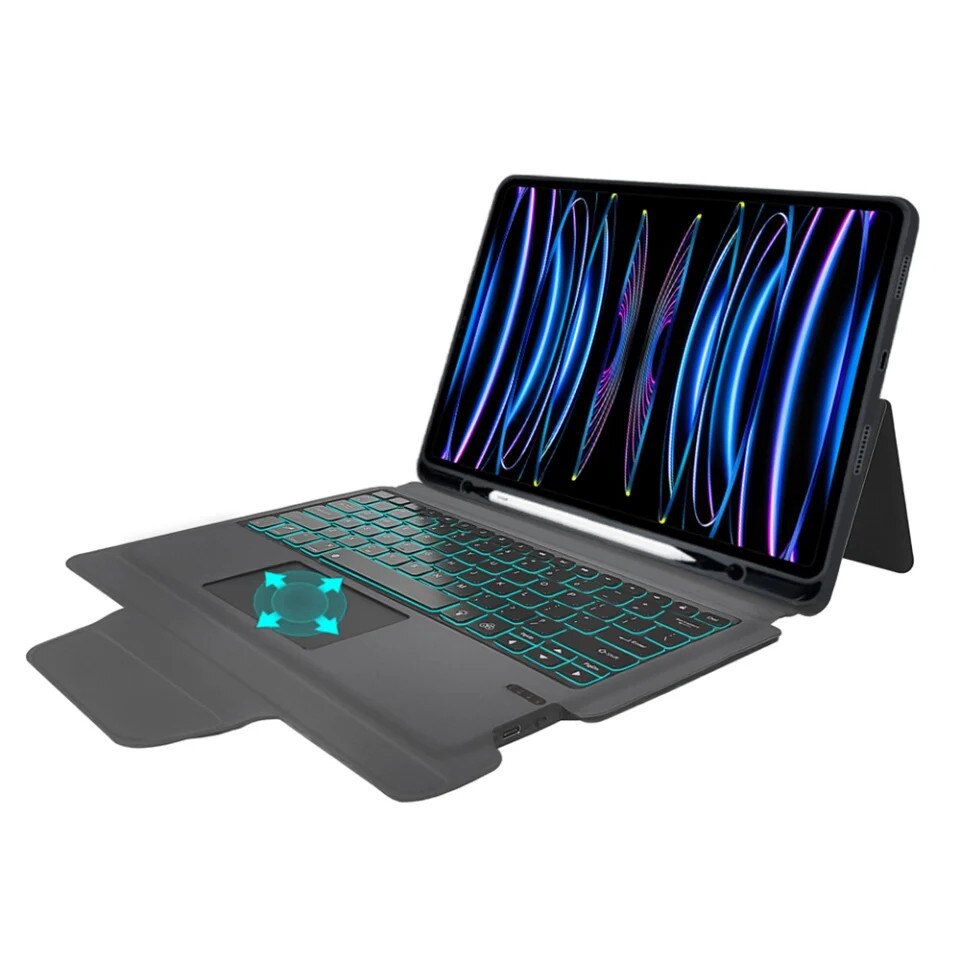 Husa pentru iPad Pro 12.9 (2018-2022) cu Tastatura Bluetooth si Protectie 360°, KeyTab Pro, Negru, set cu sticker