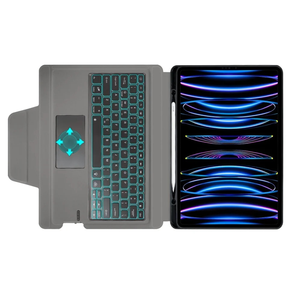 Husa pentru iPad Pro 12.9 (2018-2022) cu Tastatura Bluetooth si Protectie 360°, KeyTab Pro, Negru, set cu sticker