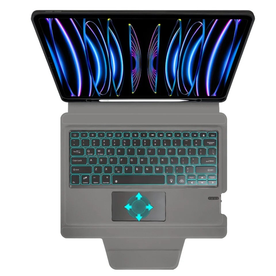 Husa pentru iPad Pro 12.9 (2018-2022) cu Tastatura Bluetooth si Protectie 360°, KeyTab Pro, Negru, set cu sticker