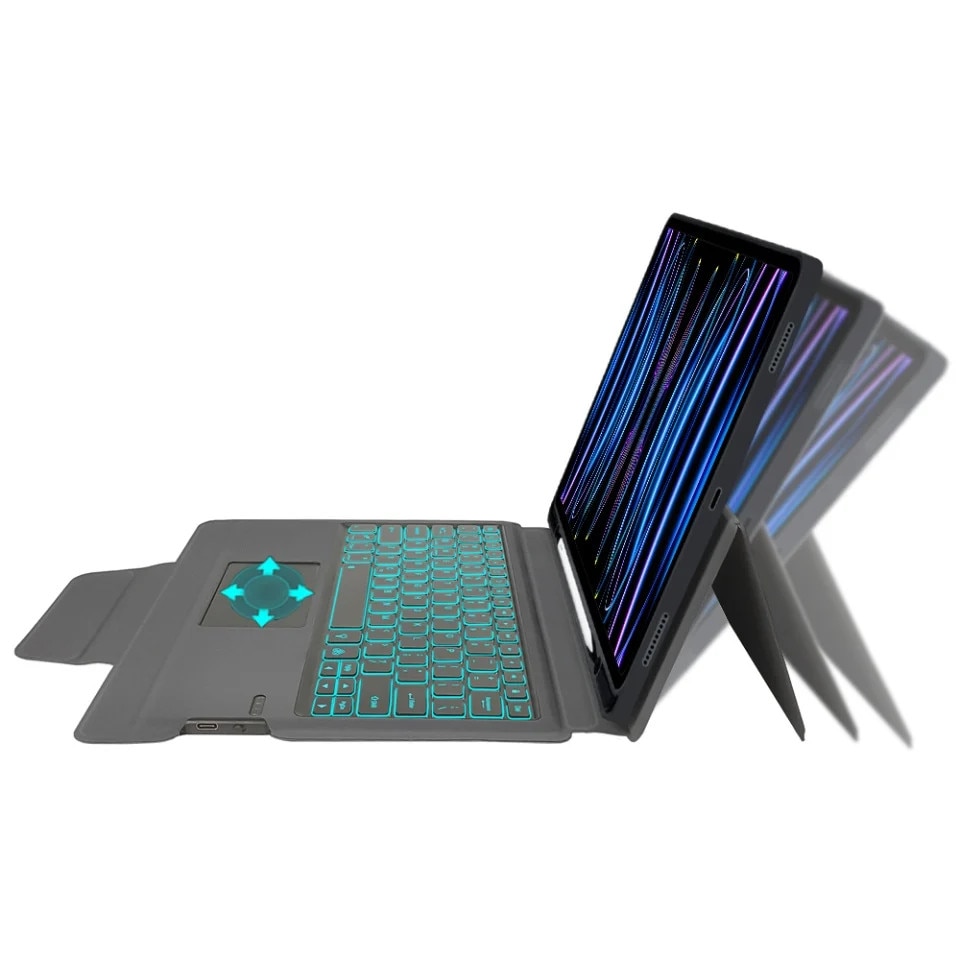 Husa pentru iPad Pro 12.9 (2018-2022) cu Tastatura Bluetooth si Protectie 360°, KeyTab Pro, Negru, set cu sticker